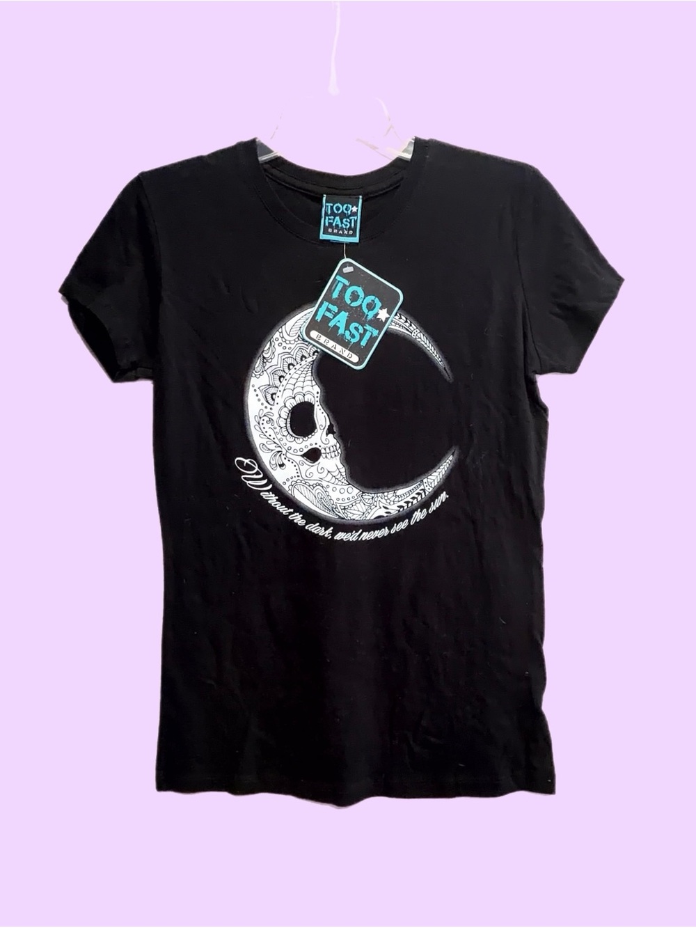 Too Fast Black Tee with White Moon Skull Graphic, NWT